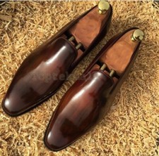 Handmade Men's Leather Brown Patina Loafer  Slip Ons Custom Made New Shoes-966