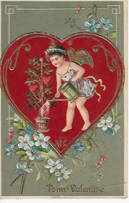 Postcard Embossed To My Valentine Cupid Watering Heart Plant
