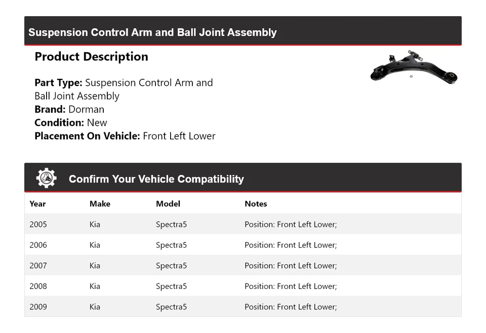 Conjunto de rótula brazo de control Dorman para Kia Spectra5 2005-2009 2006 200 Foto 2 de 4