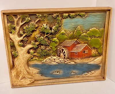 3D Plaster Relief  Country Water Mill, Duck Scene Pond Signed V.E. Lungegreen