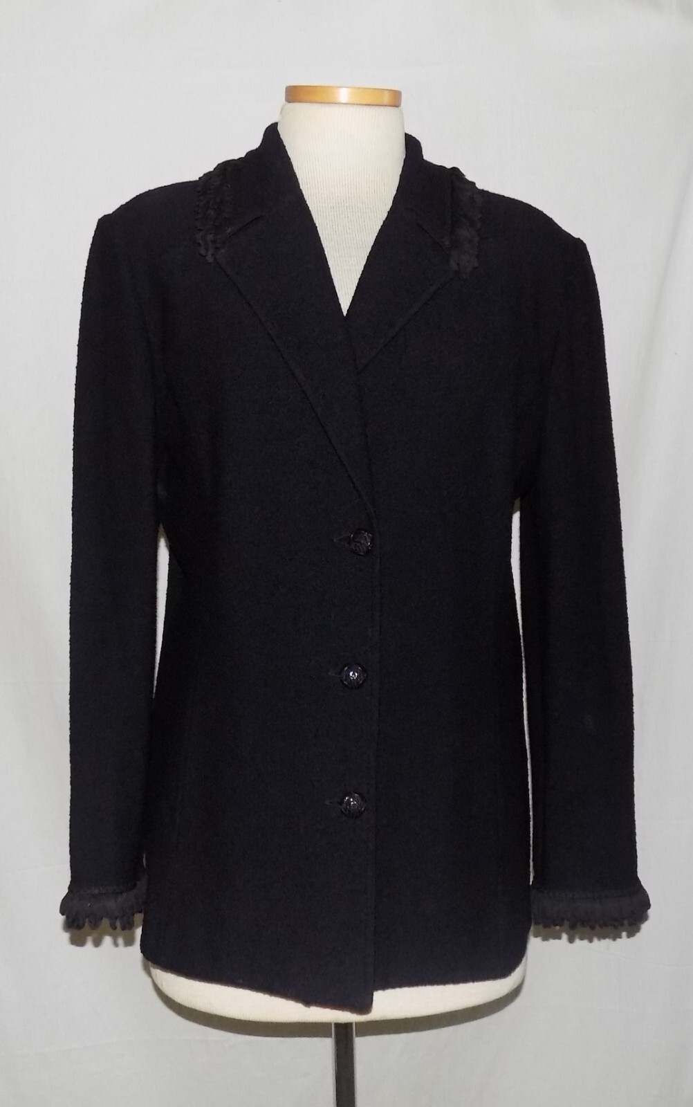 St John Black Textured Knit Blazer with Braided Trim and Fringe Detail Size 14