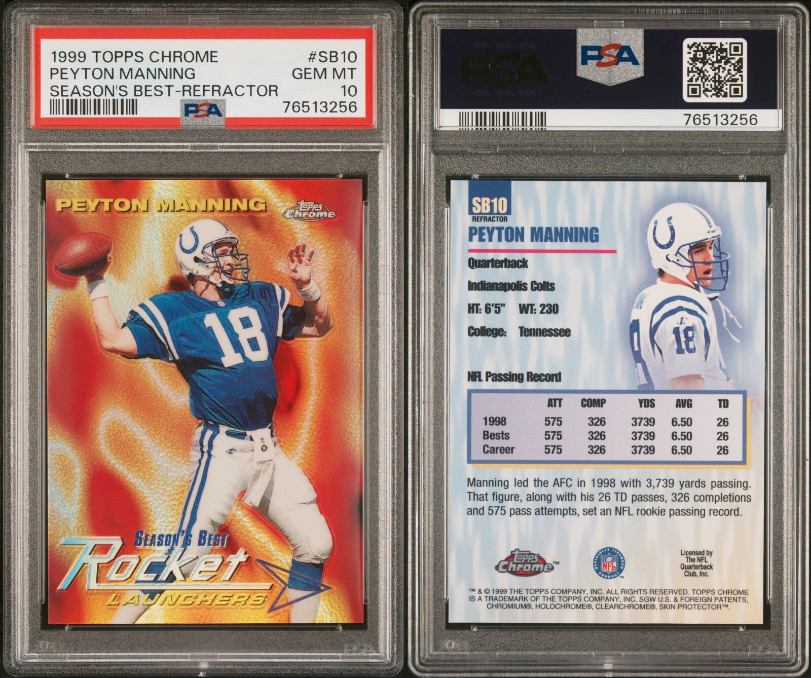PSA 10 1999 Topps Chrome Season's Best Refractors #SB10 Peyton Manning POP8