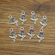 50 Rose Flower Charms Floral Florist Plant Charms Antique Silver Tone 10x21 033