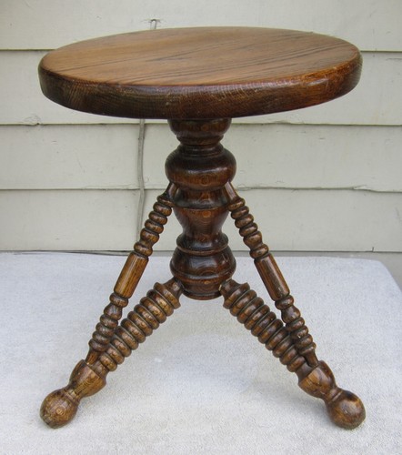 OAK Adjustable PIANO STOOL - PLANT STAND Tri-Leg Swivel
