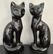 VTG Pair Artmark Ceramic Black Cat Green Eyes EUC MCM