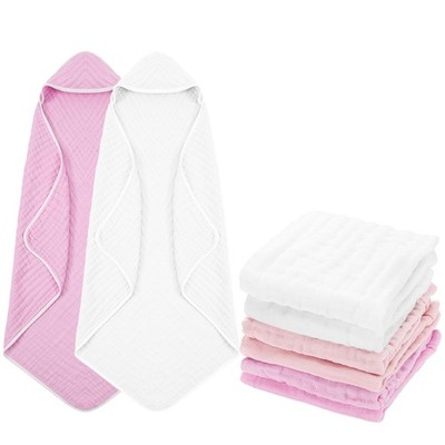 8 Pack Baby Bath Towels and Wash Cloth Set Muslin Hooded Soft 100% Cotton Bab...