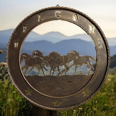 Running Horses Welcome 23 Inch Metal Wall Sign, Brushed Copper