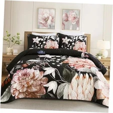  Quilt Size - 3 Pieces Pink Floral Quilt Botanical Bedspread Soft King Black