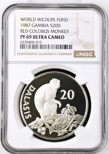 1987 Gambia 20 Dalasis WWF Red Colobus Monkey Silver Coin KM 24 NGC PF 69 UC