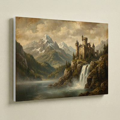 Epic Medieval Castle Canvas Wall Art 16x12 High Fantasy Mountain Waterfall Print