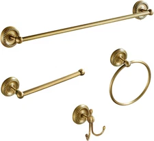 4 Piece Antique Brass Gold Bathroom Accessories Set - Brass 24” Towel Holder, An