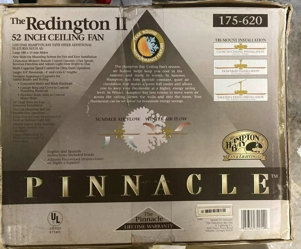 New Old Stock Hampton Bay Redington II Pinnacle 52" Ceiling fan 1998 in Box - Image 3 of 4