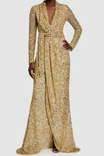 $890 Badgley Mischka Women's Gold Sequin Long Sleeve Wrap Gown Dress Size 8