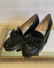 Bandolino Womens black shoes slip on patent leather high stacked heel bows 9 