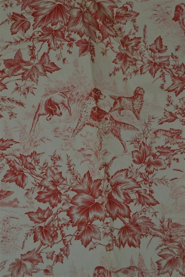 antique toile red/ivory 48x107 hunting dogs birds cotton original - Image 4 of 4