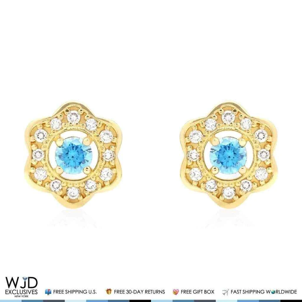 Aquamarine Flower Cluster Stud Earrings 14K Yellow Gold - Image 3 of 4