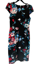 Betsey Johnson Black Floral Dress Midi Sheath Size 6 Exposed Zipper Office Siren