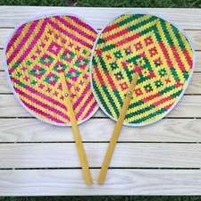 2 x Woven Bamboo Thai Hand Fan Handcraft Multi-Color Handmade