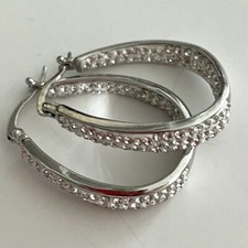 White Crystals Silver Tone Hoop Earrings