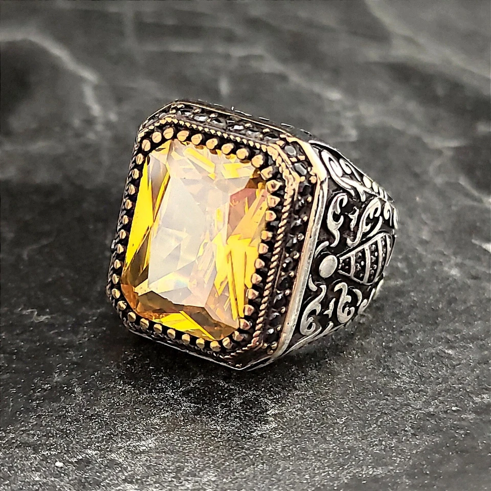 Мужское серебряное кольцо с желтым цирконием, серебряное кольцо с ярко-желтым драгоценным камнем - Изображение 3 из 4