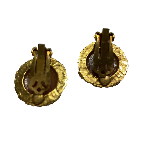 Vintage Clip On Earrings Goldtone & Carved Peach Pink Cameo Mother & Child Love - Picture 4 of 7