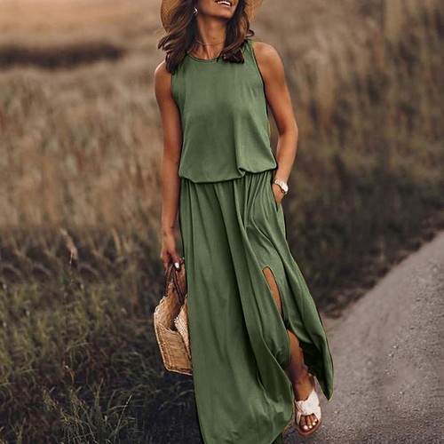 Ladies' round neck sleeveless dress paired with slit multi colored long skirt - Picture 13 of 30