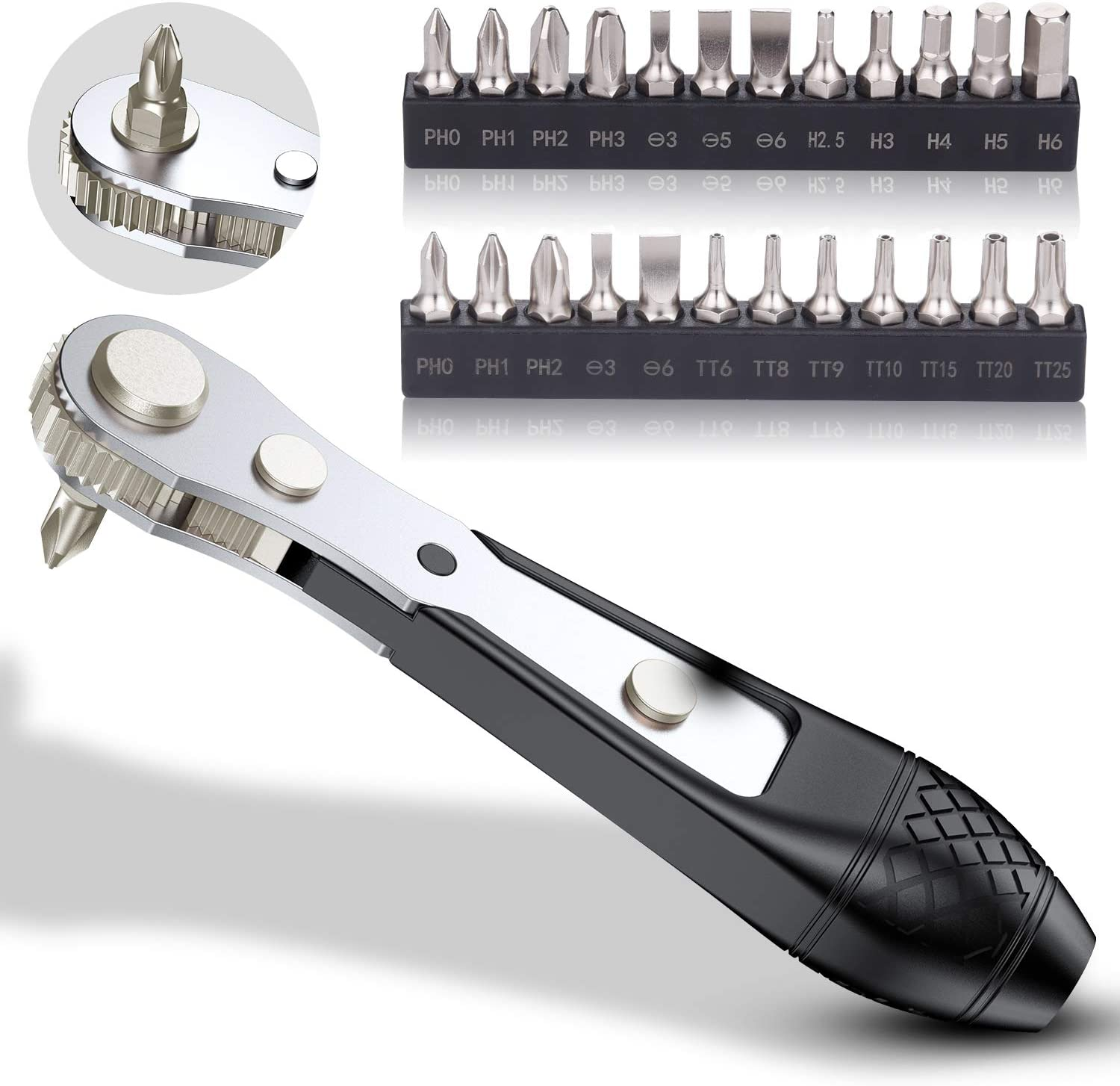 25-in-1 S2 Steel Mini Ratchet Wrench & Screwdriver Bit Set with 1/4