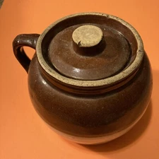 Antique Stoneware Jug Pot Lid Round Handled Urn Beans Clay Pottery Old Rustic￼