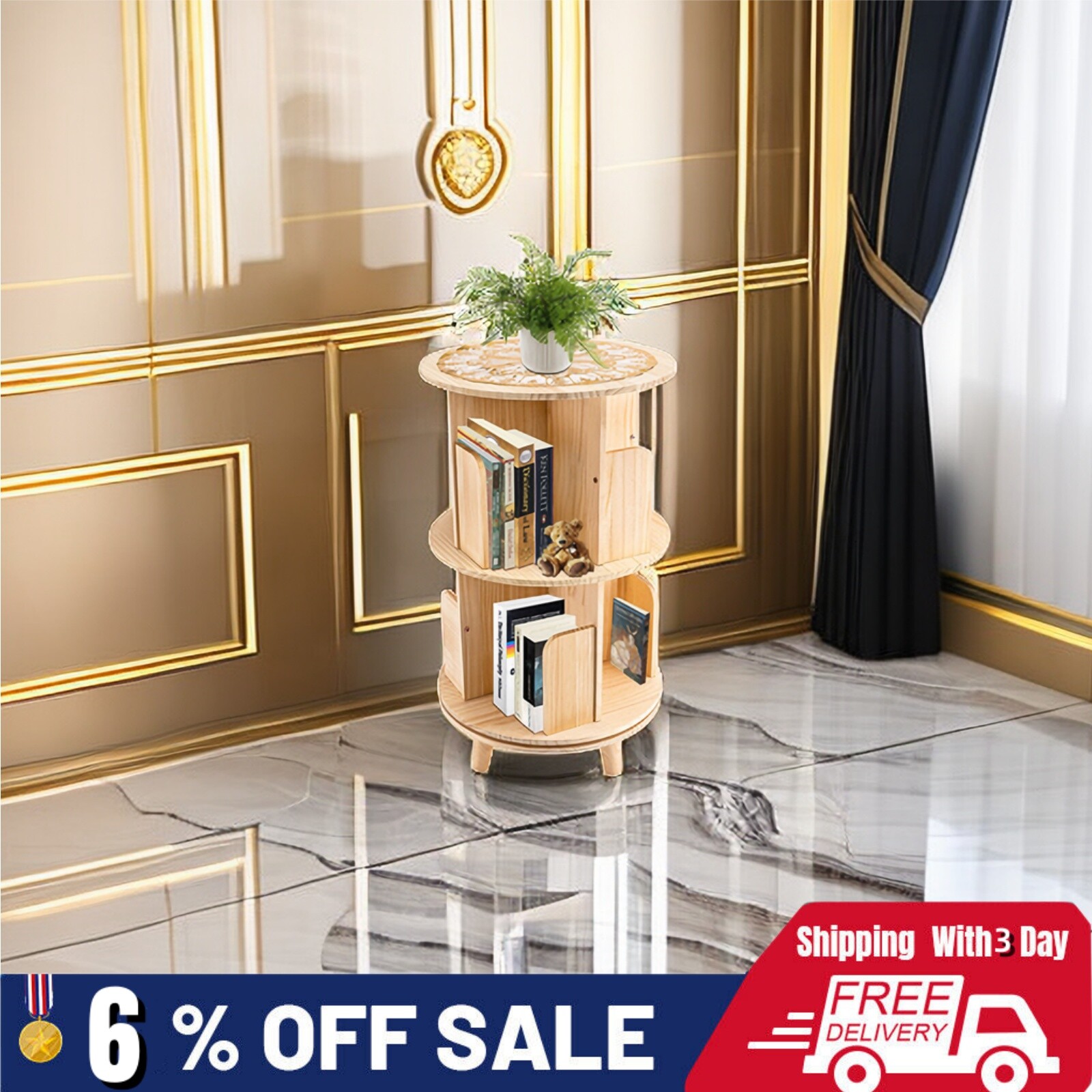 Rotating Wood 360 Bookcase Freestanding 2-Tier Small Bookshelf Display Rack