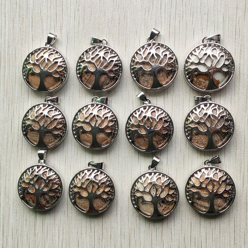 Wholesale 12pcs Natural Picture Stone Alloy Tree of Life Pendants