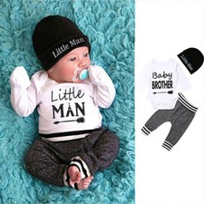 Newborn Baby Boys Short Sleeve Romper Letter Jumpsuit Hat Outfits Clothes Set