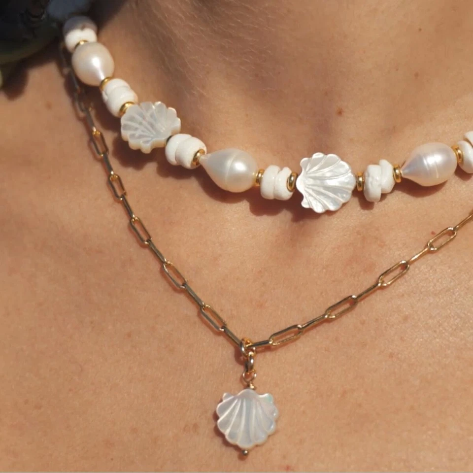 Damenkette Perlenkette Weiß 18K vergoldet Muschelkette Perlmutt Kette K6245DL - Bild 3 von 4