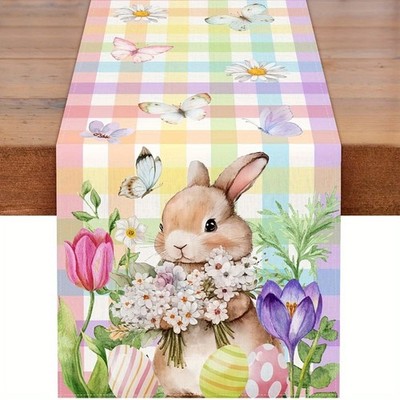 Easter Bunny Butterfly Linen Table Runner Farmhouse Home Spring Table Decor Gift