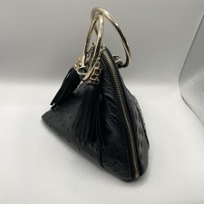 Pyramid Handbag Black Faux Ostrich Croc Embossed Gold Ring Handle Tassel Clutch