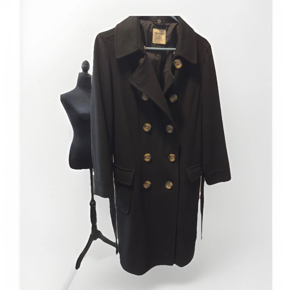 Chaquetón para mujer Old Navy negro talla mediana mezcla de lana forrado mangas largas bolsillos Foto 3 de 4