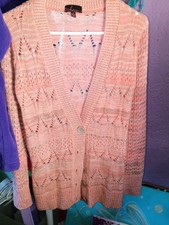 Takeout Women's Pink Open-Knit Cardigan Sweater Button Front Size M made in USA