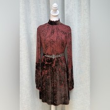 Elie Tahari maroon burgundy brown paisley velvet flocking long sleeve dress