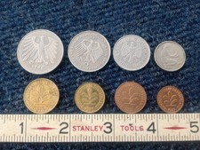 Lot of 8 1980s German coins. 5, 2, 1 Mark and 50, 10, 5, 2, 1 Pfenning set.