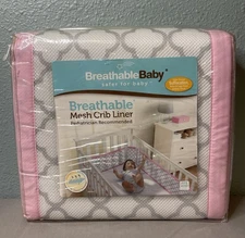 Breathable Baby Pink Trim White & Gray Mesh Crib Liner #14211 Max Air Flow