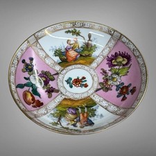 Antique Germain Meissen Dresden Porcelain Pink Floral and People Motif Dish