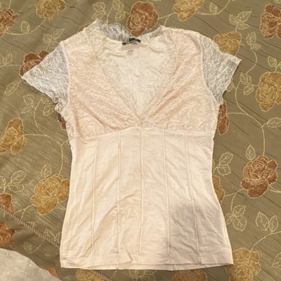 bebe beige  Lace Solid V-Neck Short Sleeve Pullover Women's Top Size S