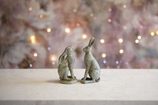 Pair of Small Rabbit Hare Ornaments Gift Sculpture Home Decor  Grey/ Blue/ Cream