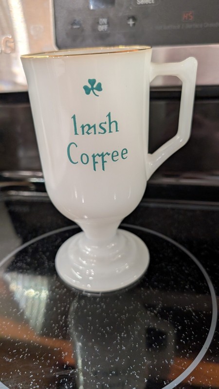 Vintage Irish Coffee Shamrock White Milk Glass Mug Gold Rim Handled Footed