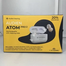 Audien Hearing Atom Pro 2 OTC Rechargeable Hearing Aids w/ Case & Kit - Used