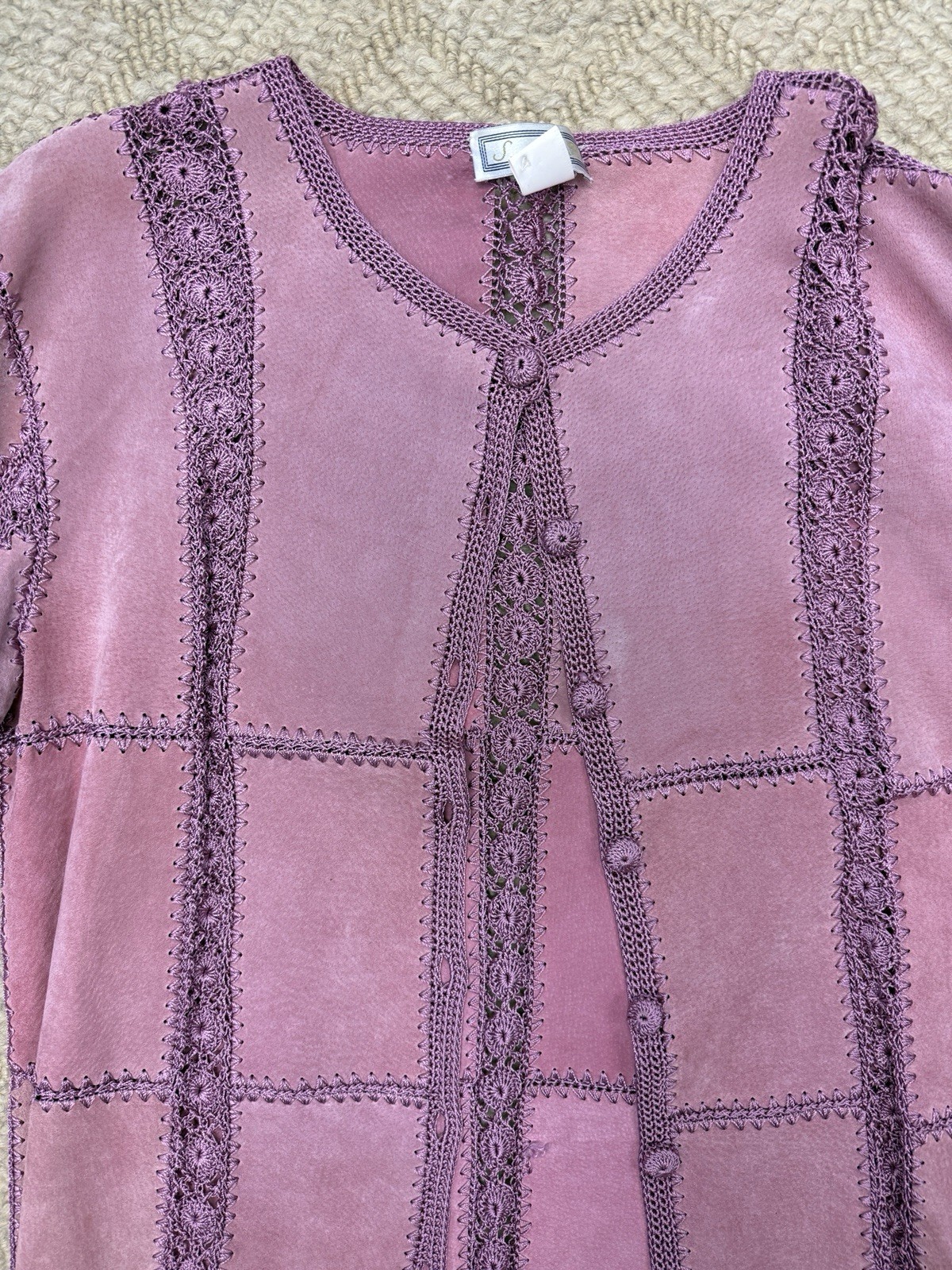 Leather & crochet patchwork jacket boho gypsy med… - image 2