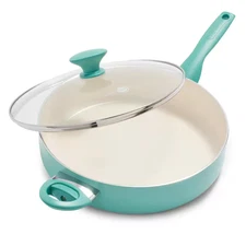 Rio 5 Qt. Healthy Ceramic Nonstick Saute Pan with Helper Handle and Lid in Turqu