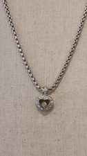 Rhodium Plated heart with CZ halo. cable chain silver tone 18"