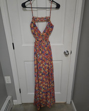 Forever 21 Women’s S Green Red Floral Maxi Dress V-Neck Ruffle Straps