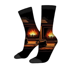 Unisex Trendy Socks (2 Pairs) - Cozy Fireplace & Cow Design Warm Mixed Color 