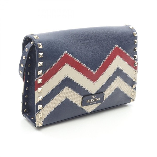 Valentino Shoulder Bag Leather Canvas Navy White Red Women Used Authentic thumbnail 2